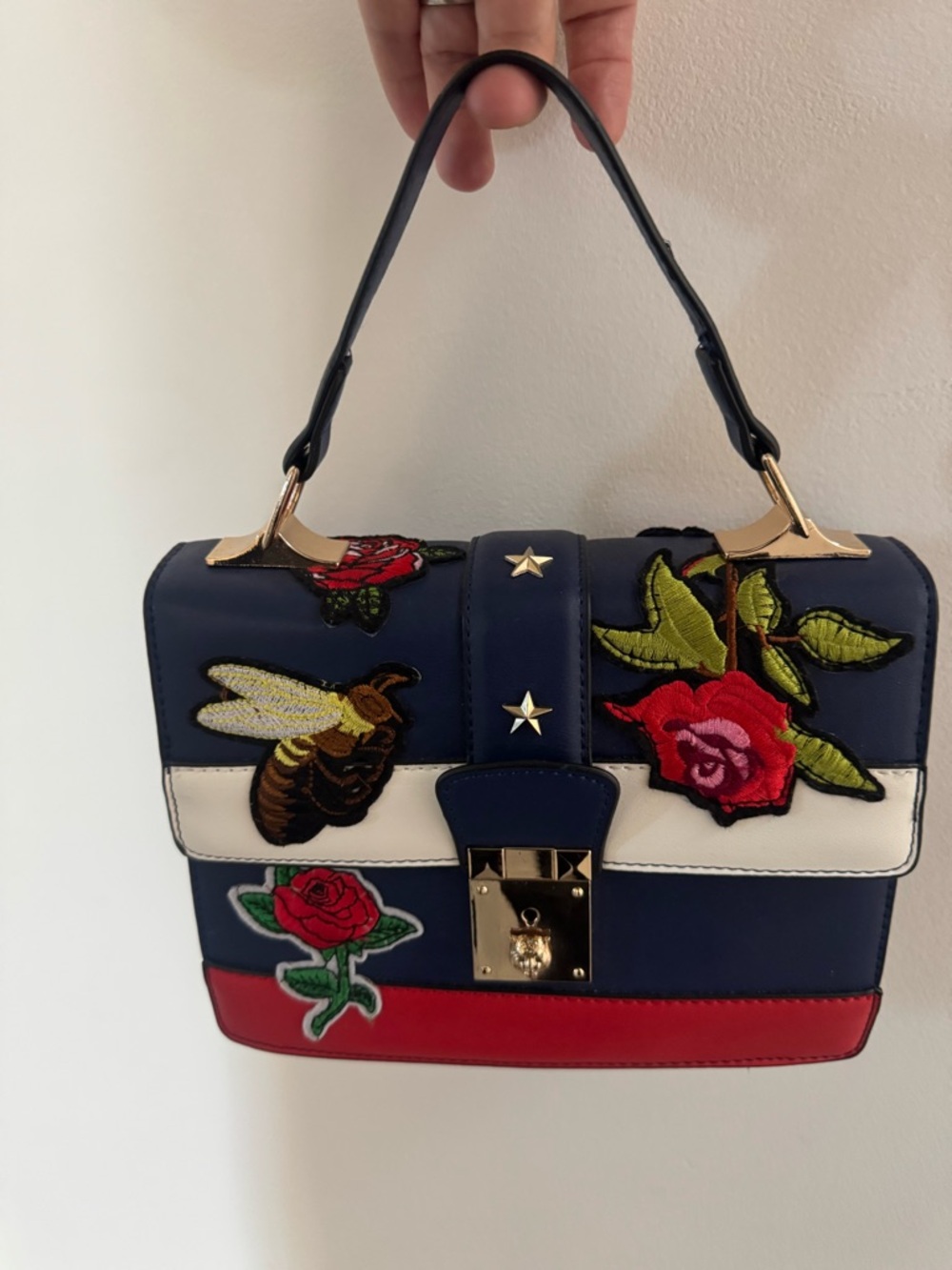 Navy Floral & Bee Embroidered Top-Handle Bag - Navy Red White